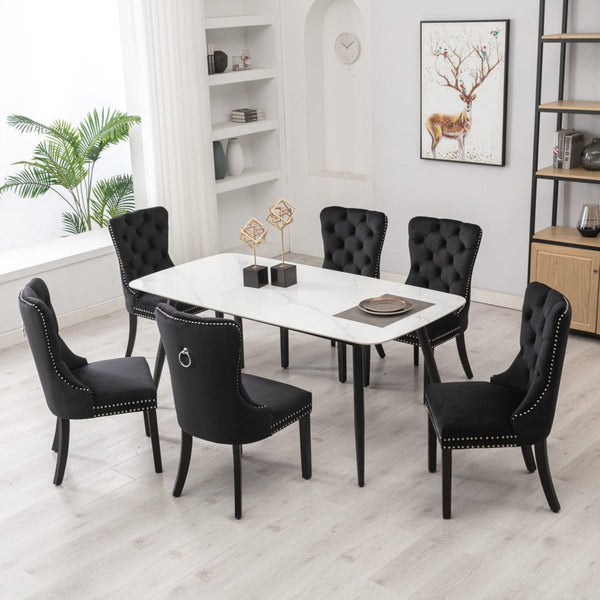 6X Velvet Upholstered Tufted Kithcen With Solid Wood Legs Stud Trim And Ring Black Dining Chairs