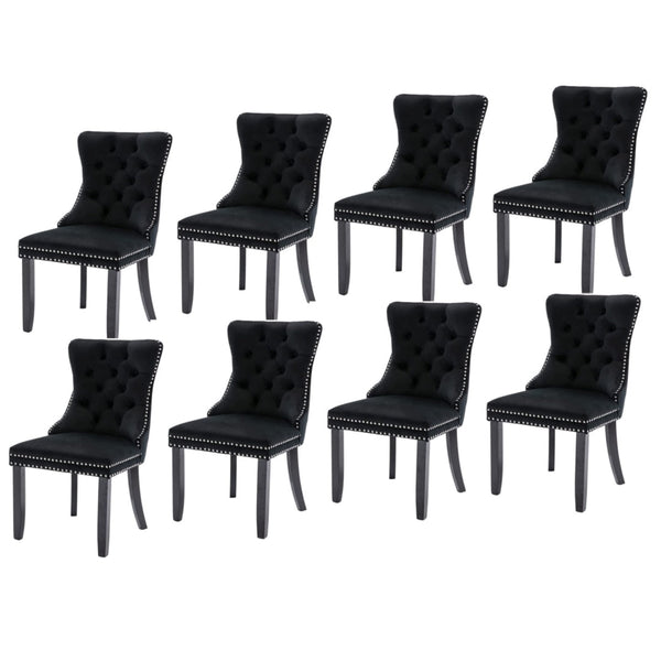 8X Velvet Upholstered Tufted Kithcen With Solid Wood Legs Stud Trim And Ring Black Dining Chairs