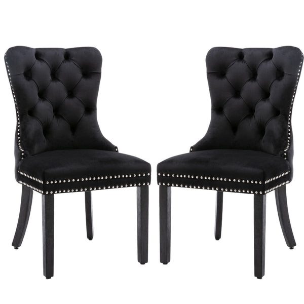 8X Velvet Upholstered Tufted Kithcen With Solid Wood Legs Stud Trim And Ring Black Dining Chairs