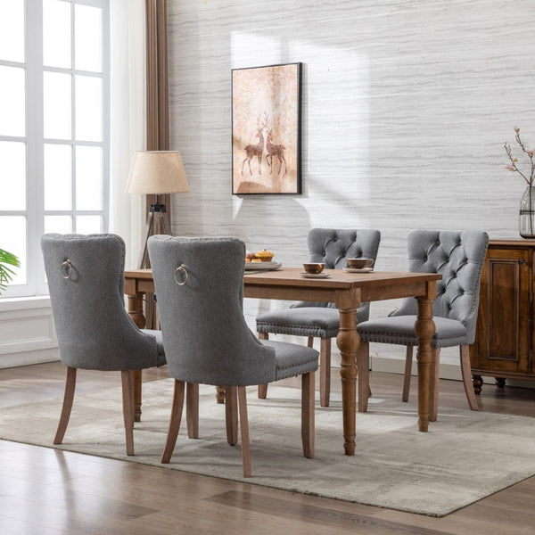 Aaden Modern Elegant Button Tufted Upholstered Fabric With Studs Trim And Wooden Legs Dining Side Chair Gray Dining Chairs