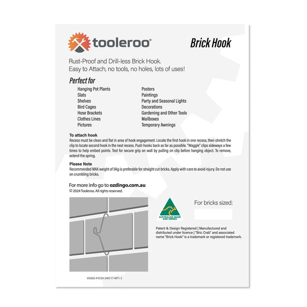 Tooleroo 5 Pack 76Mm (3") Brick Hooks Wall Clips Hangers For Pictures Pot Plants Wall Hooks & Hangers