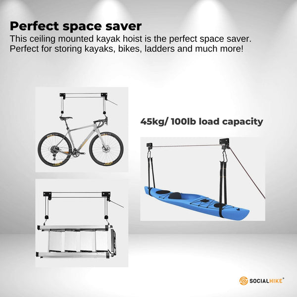 Kayak Hoist 45Kg Garage Ceiling Pulley Lift Storage System Bike Luggage Holder Kayak Carriers
