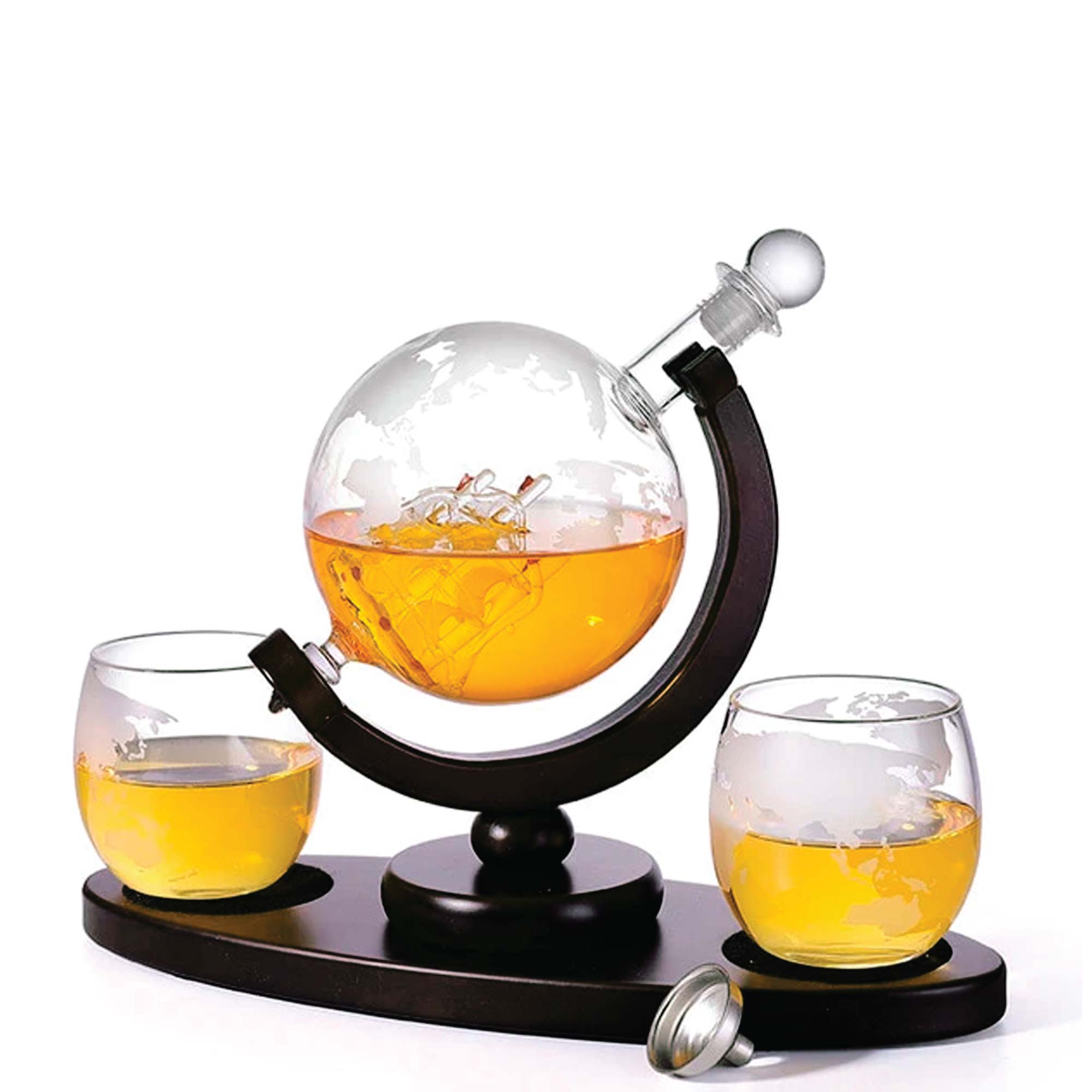 Kitchee 850Ml Whiskey Or Wine Globe Glass Decanter Set 2X Glasses + Wooden Stand Glassware & Drinkware