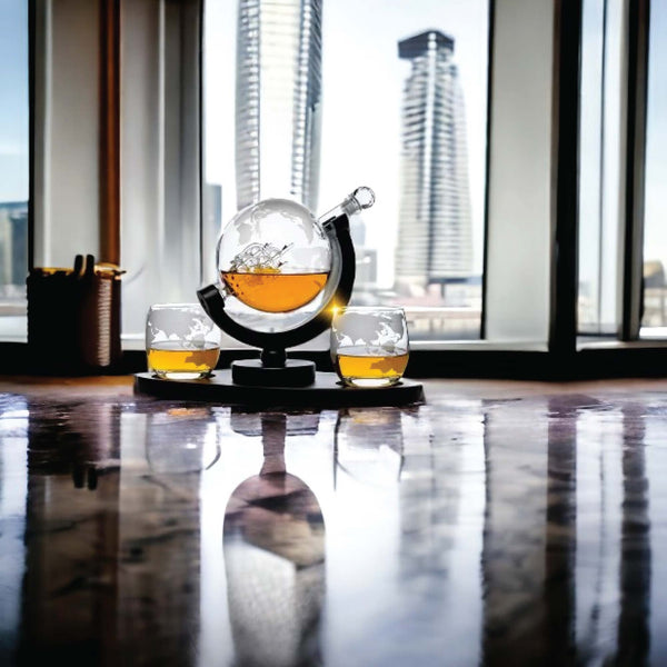 Kitchee 850Ml Whiskey Or Wine Globe Glass Decanter Set 2X Glasses + Wooden Stand Glassware & Drinkware