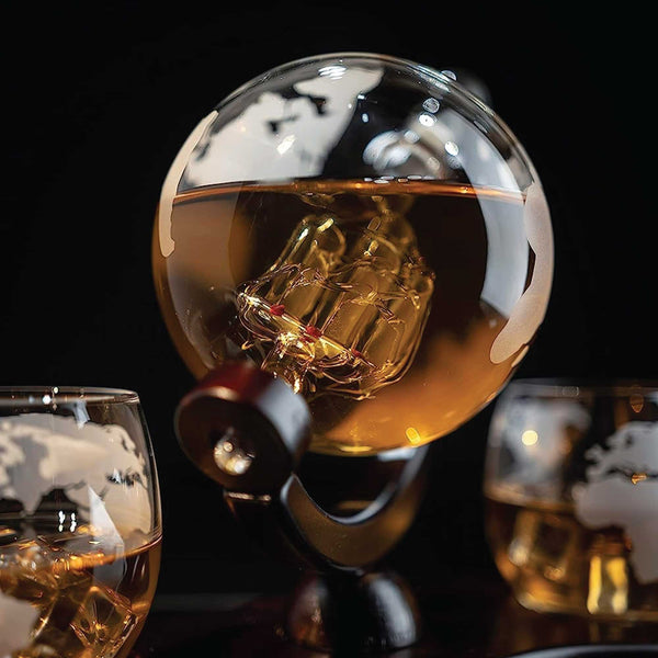 Kitchee 850Ml Whiskey Or Wine Globe Glass Decanter Set 2X Glasses + Wooden Stand Glassware & Drinkware