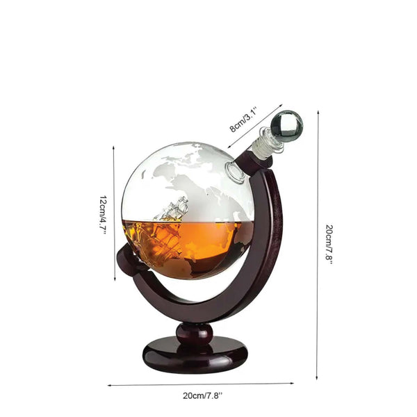 Kitchee 850Ml Whiskey Or Wine Globe Glass Decanter Set 2X Glasses + Wooden Stand Glassware & Drinkware