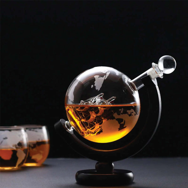 Kitchee 850Ml Whiskey Or Wine Globe Glass Decanter Set 2X Glasses + Wooden Stand Glassware & Drinkware