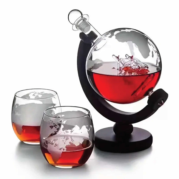 Kitchee 850Ml Whiskey Or Wine Globe Glass Decanter Set 2X Glasses + Wooden Stand Glassware & Drinkware