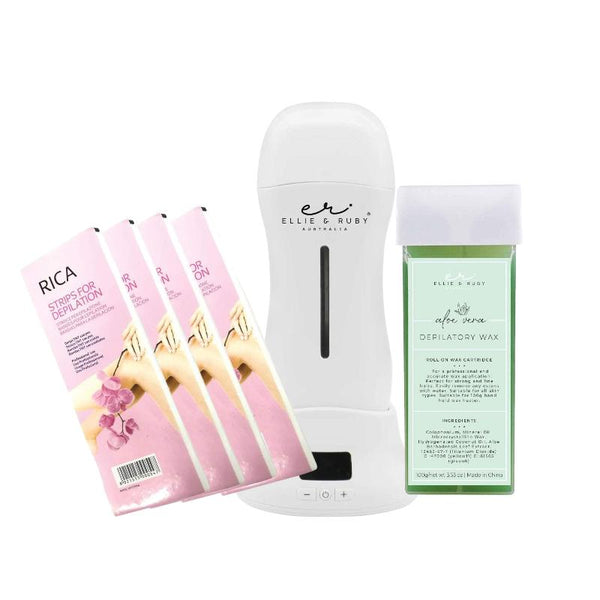 Ellie & Ruby Waxing Kit Digital Warmer + 100G Cartridge 100X Pre Cut Strips Pack Waxing Supplies