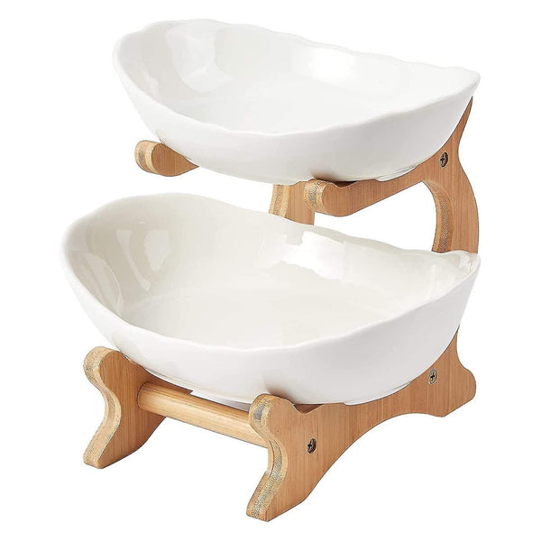 Kitchee 2 Tier Porcelain Fruit Bowl Ceramic Vegetable Storage With Bamboo Stand Decorative Plates & Bowls