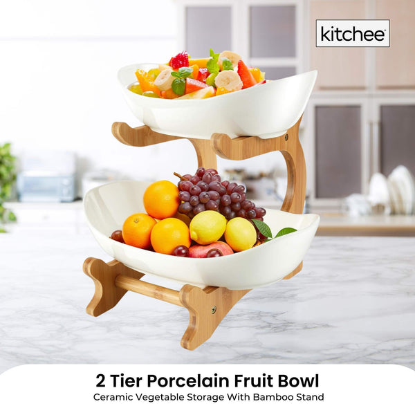 Kitchee 2 Tier Porcelain Fruit Bowl Ceramic Vegetable Storage With Bamboo Stand Decorative Plates & Bowls