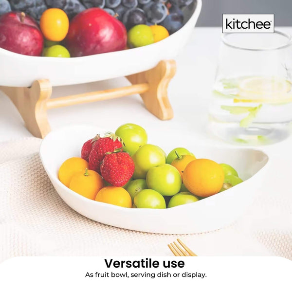 Kitchee 2 Tier Porcelain Fruit Bowl Ceramic Vegetable Storage With Bamboo Stand Decorative Plates & Bowls