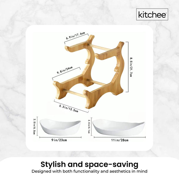 Kitchee 2 Tier Porcelain Fruit Bowl Ceramic Vegetable Storage With Bamboo Stand Decorative Plates & Bowls