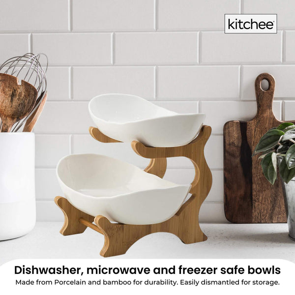 Kitchee 2 Tier Porcelain Fruit Bowl Ceramic Vegetable Storage With Bamboo Stand Decorative Plates & Bowls
