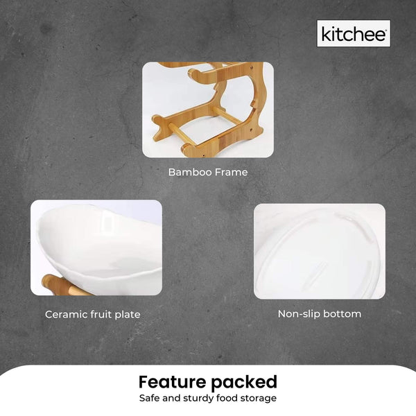 Kitchee 2 Tier Porcelain Fruit Bowl Ceramic Vegetable Storage With Bamboo Stand Decorative Plates & Bowls