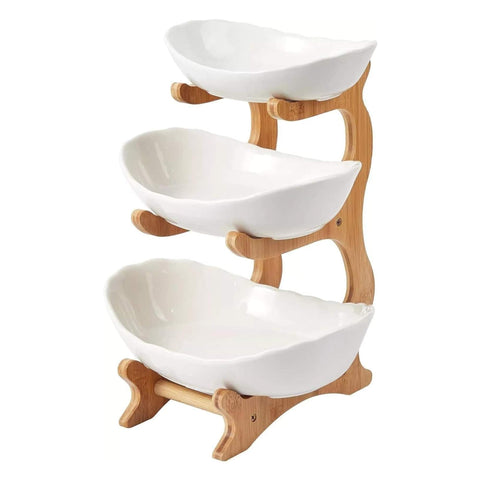 Kitchee 3 Tier Porcelain Fruit Bowl Ceramic Vegetable Storage With Bamboo Stand Decorative Plates & Bowls
