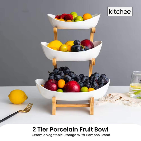 Kitchee 3 Tier Porcelain Fruit Bowl Ceramic Vegetable Storage With Bamboo Stand Decorative Plates & Bowls