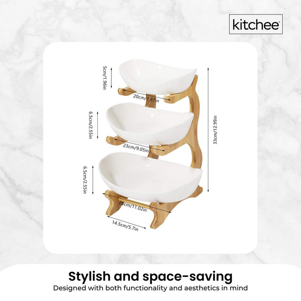 Kitchee 3 Tier Porcelain Fruit Bowl Ceramic Vegetable Storage With Bamboo Stand Decorative Plates & Bowls