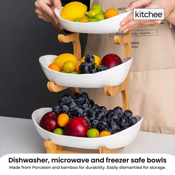 Kitchee 3 Tier Porcelain Fruit Bowl Ceramic Vegetable Storage With Bamboo Stand Decorative Plates & Bowls