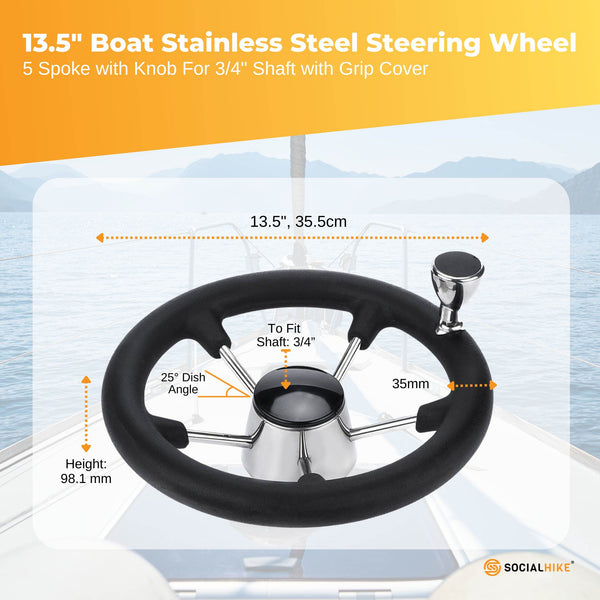 Social Hike 13.5" Boat Steering Wheel With Grip Cover Stainless Steel 3/4" Spoke Knob Other Water Sports Equipment