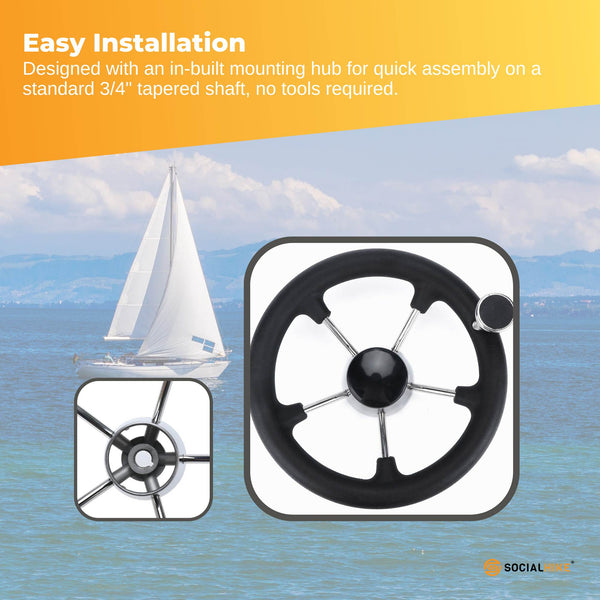 Social Hike 13.5" Boat Steering Wheel With Grip Cover Stainless Steel 3/4" Spoke Knob Other Water Sports Equipment