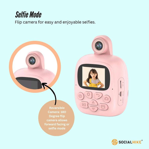 Social Hike Kids Rechargeable Instant Print Camera Pink Digital Thermal Photo Video Mp3 Instant Cameras