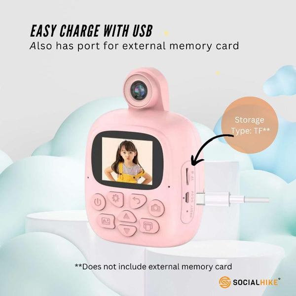 Social Hike Kids Rechargeable Instant Print Camera Pink Digital Thermal Photo Video Mp3 Instant Cameras