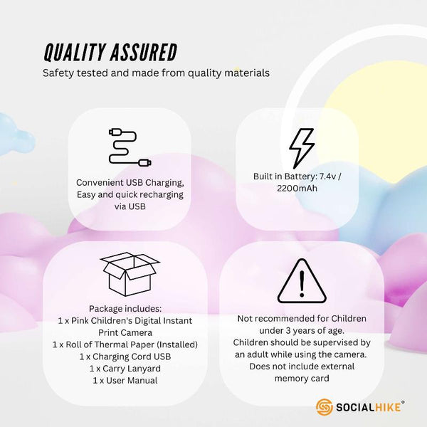 Social Hike Kids Rechargeable Instant Print Camera Pink Digital Thermal Photo Video Mp3 Instant Cameras