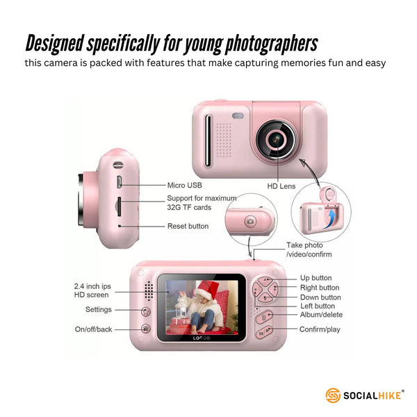 Kids Hd Digital Camera Pink Children's Selfie Photo Video 2.4 Inch Screen Digital Cameras