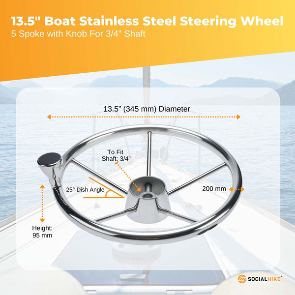 13.5" Boat Stainless Steel Steering Wheel Spoke With Knob For 3/4" Shaft Boat Engines