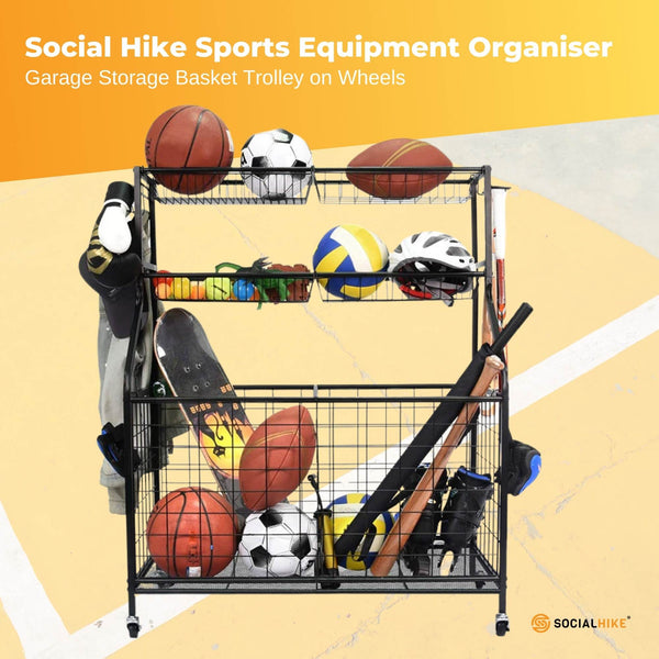Social Hike Storage Organiser Trolley On Wheels Garage Sports Equipment Basket Storage Bins & Baskets
