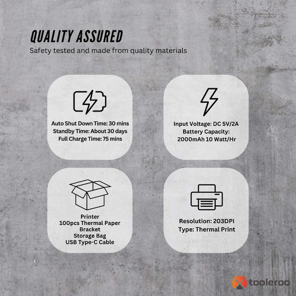 Tooleroo A4 Thermal Printer Black + Paper Kit Wireless And Inkless Printer Paper