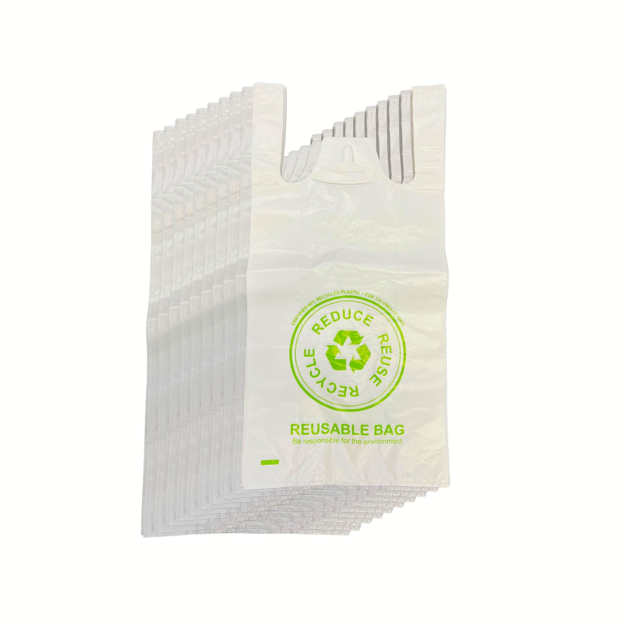 100X Medium Reusable Plastic Singlet Shopping Bags 80% Recycled 38Um Reusable Shopping Bags