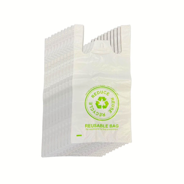 100X Medium Reusable Plastic Singlet Shopping Bags 80% Recycled 38Um Reusable Shopping Bags