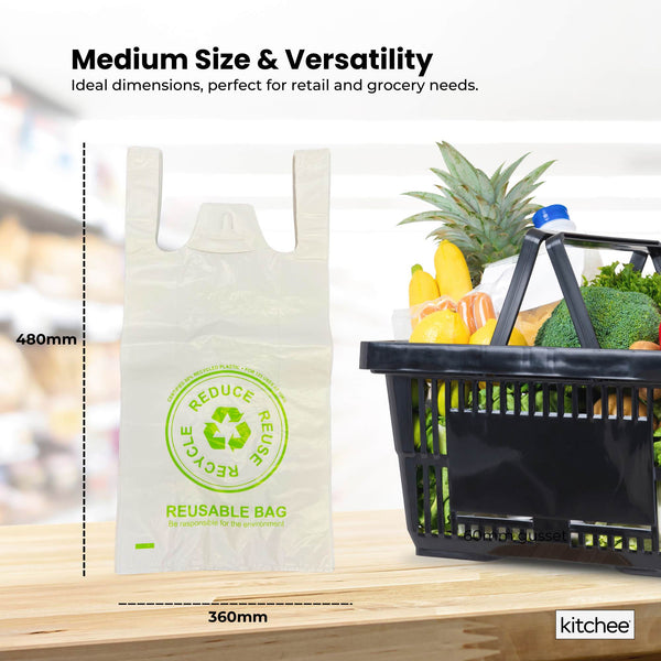 100X Medium Reusable Plastic Singlet Shopping Bags 80% Recycled 38Um Reusable Shopping Bags