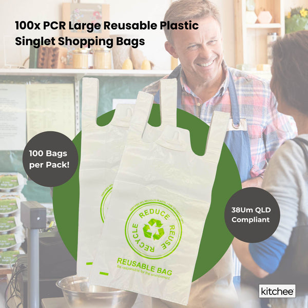 100X Medium Reusable Plastic Singlet Shopping Bags 80% Recycled 38Um Reusable Shopping Bags