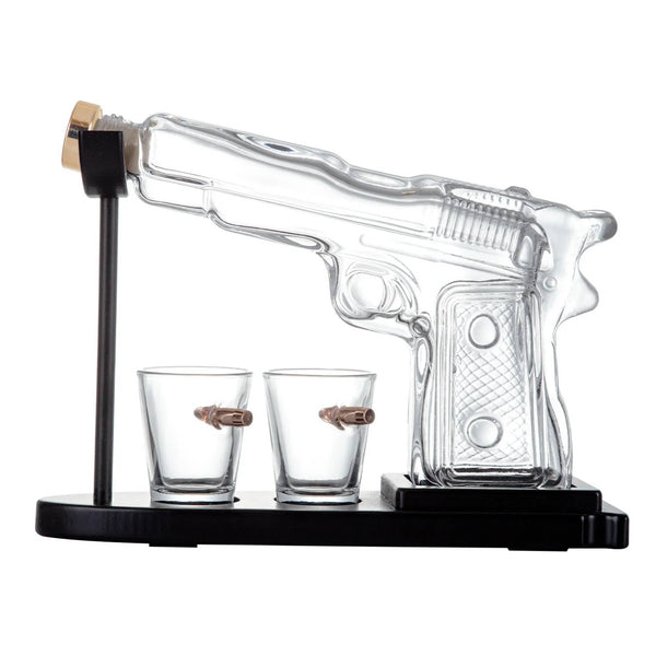 225Ml Whisky Or Wine Decanter Glass Pistol Set Shot Glasses + Wooden Stand Decanters