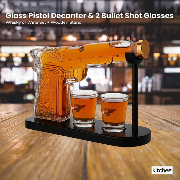 225Ml Whisky Or Wine Decanter Glass Pistol Set Shot Glasses + Wooden Stand Decanters