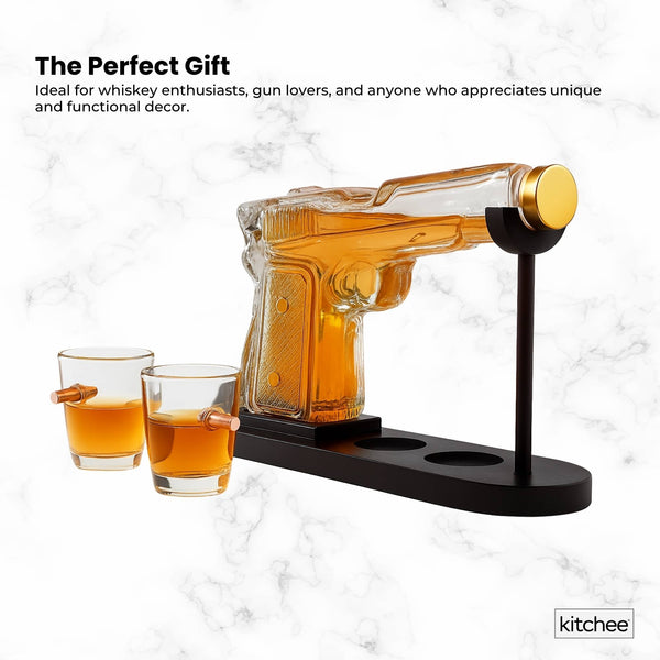 225Ml Whisky Or Wine Decanter Glass Pistol Set Shot Glasses + Wooden Stand Decanters