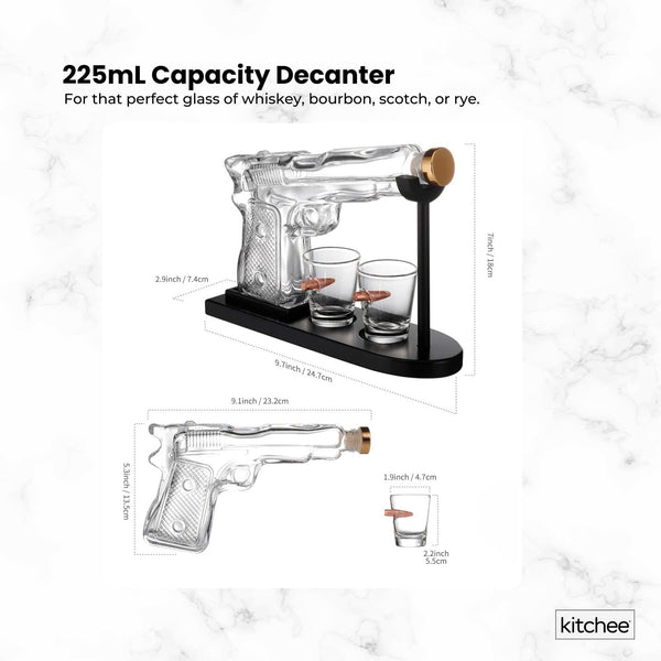 225Ml Whisky Or Wine Decanter Glass Pistol Set Shot Glasses + Wooden Stand Decanters