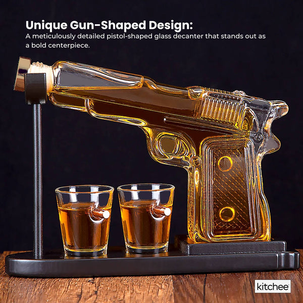 225Ml Whisky Or Wine Decanter Glass Pistol Set Shot Glasses + Wooden Stand Decanters