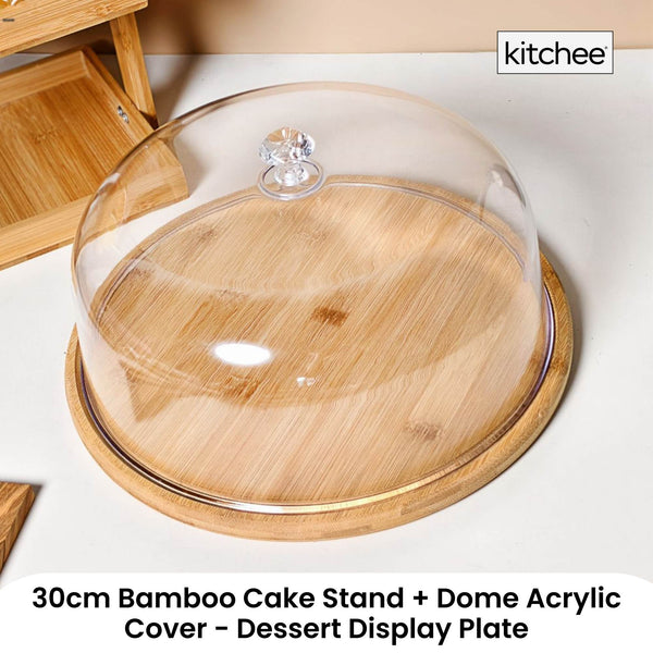 Kitchee 30Cm Bamboo Cake Stand + Dome Acrylic Cover Dessert Display Plate Wedding Cake Stands & Plates