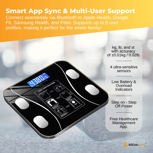 Bluetooth Black Digital Body Fat Bmi Usb Rechargeable With App Bathroom Scales