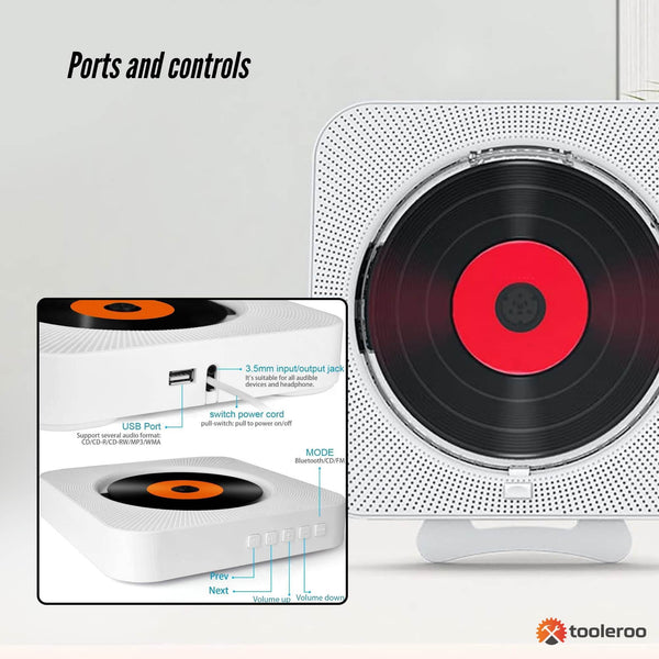 Tooleroo Wall Mountable Cd Player Speaker Bluetooth Hifi Fm Radio White Audio Docks & Mini Speakers