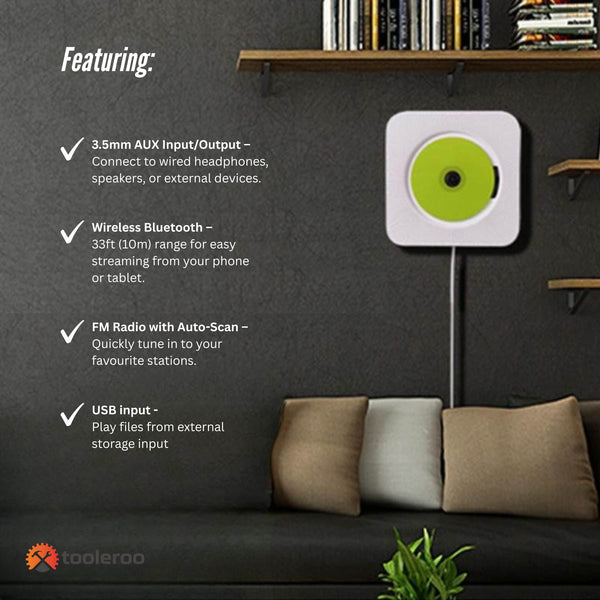 Tooleroo Wall Mountable Cd Player Speaker Bluetooth Hifi Fm Radio White Audio Docks & Mini Speakers