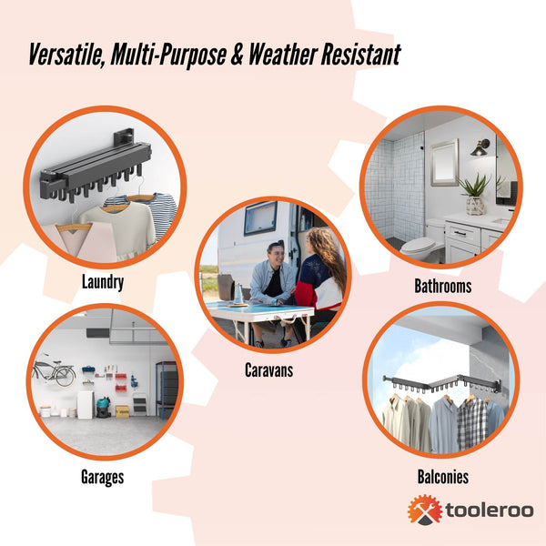 Tooleroo Clothes Drying Rack Tri Fold Wall Mount Space Saving Laundry Hanger Garment Racks