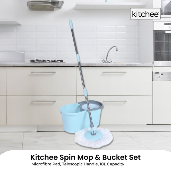Kitchee Spin Mop & Bucket Set Microfibre Pad Telescopic Handle 10L Capacity Mops Brooms & Scrubbers