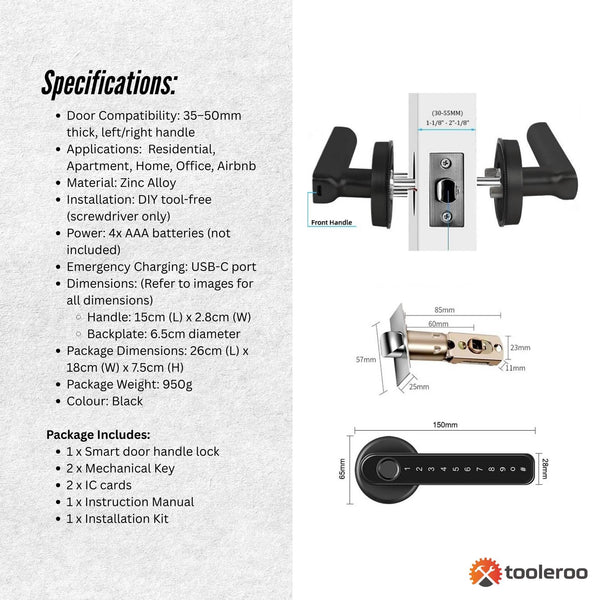 Tooleroo Digital Smart Door Lock Handle 5In1 Keypad Home Entry Security System Smart Door Locks
