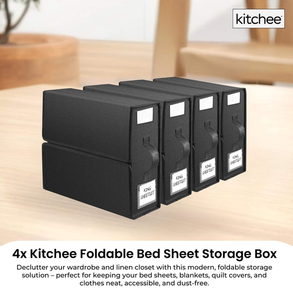4X Kitchee Foldable Bed Sheet Storage Box Linen & Closet Organiser Black Storage Boxes