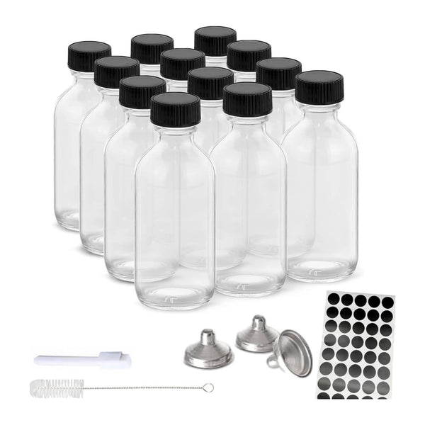 Kitchee 12X 60Ml Small Glass Bottles + Lids Funnels Brush Labels Pen Canisters & Jars